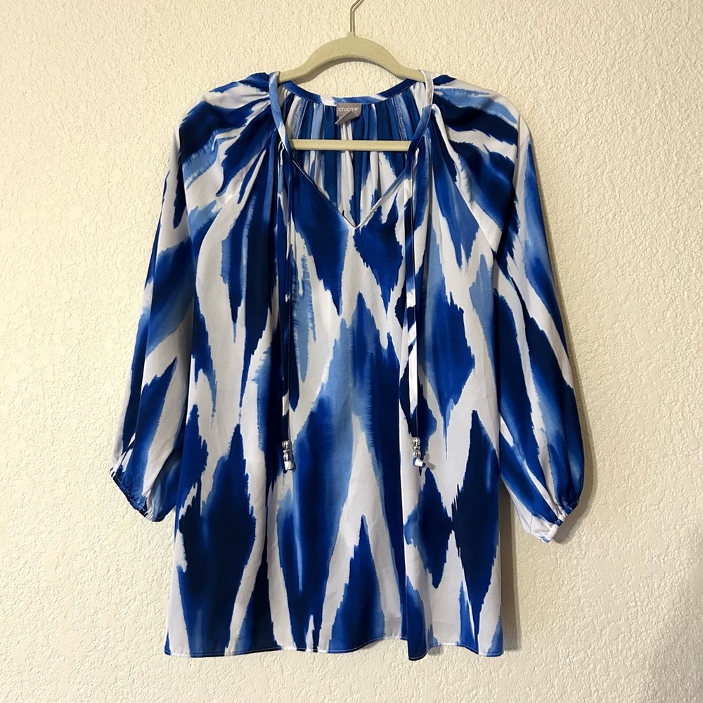 Chicos Tie Neck Blouse Raglan Blue Watercolor Top Woven Pattern Size 2 US 12/14